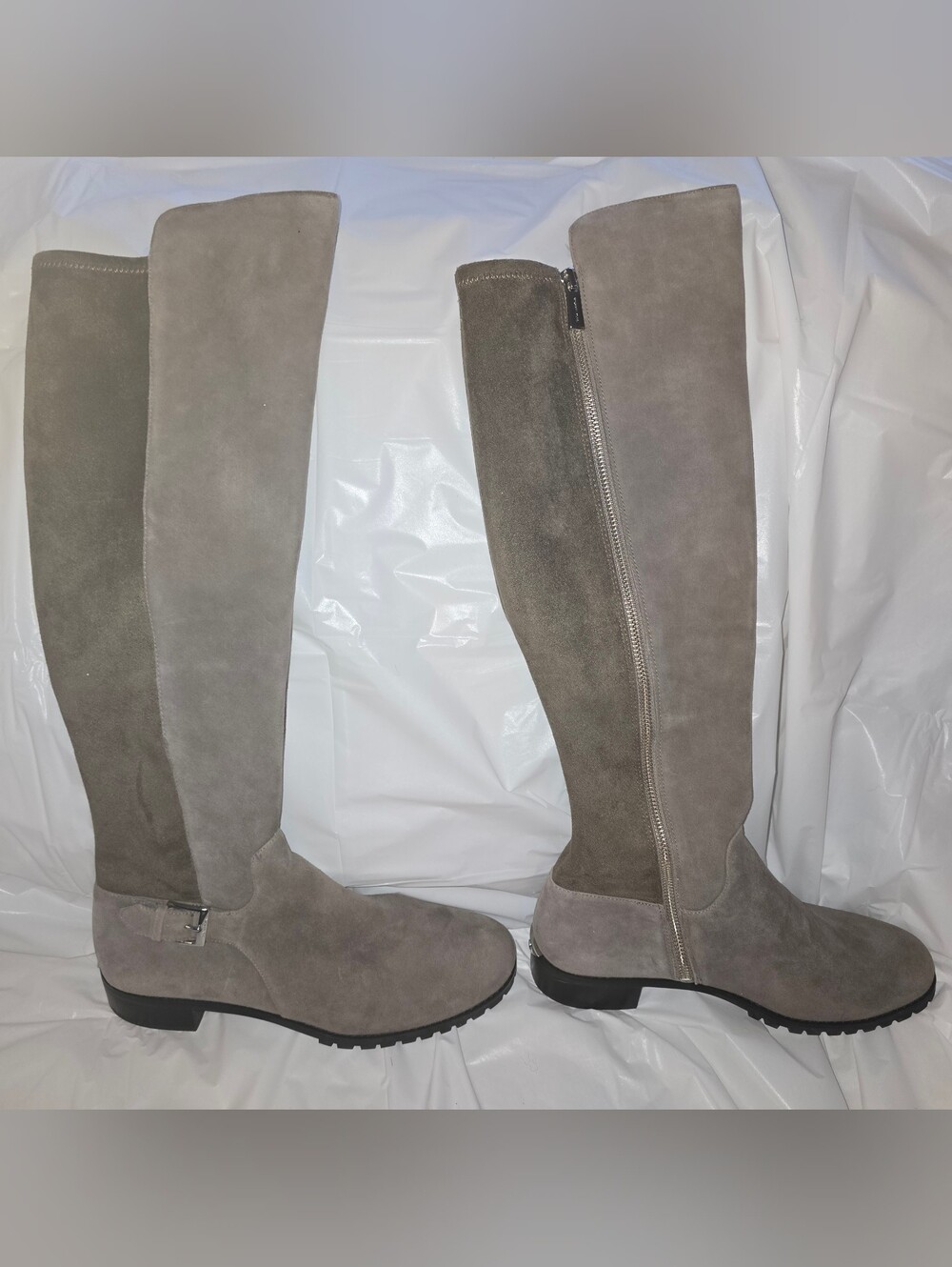 Brownish Grey MK Knee High Boots with Silver Accent